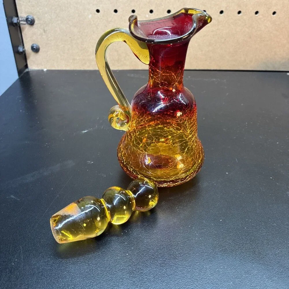 Vintage Amberina Crackle Glass Ruby Red Orange Cruet Pitcher  With Stopper
